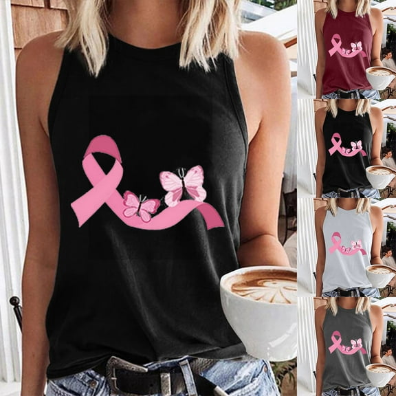 VKOYWKM Tank Tops for Women Pink Ribbon Graphic Breast Cancer Awareness Tank Top Sleeveless Crew Neck Fight Cancer Shirts Inspirational Tank Tops
