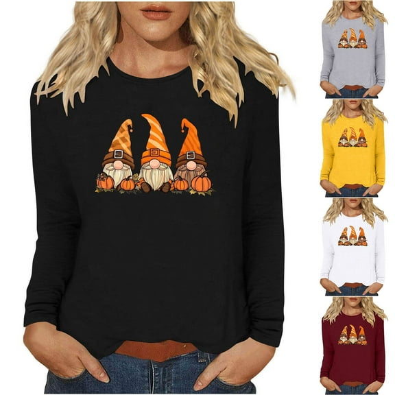 VKOYWKM Thanksgiving Shirt for Women Cute Gnomes Graphic T Shirts Fall Long Sleeve Tops Loose Fit Crew Neck Thankful Grateful Blessed T-Shirts Tunic Blouse