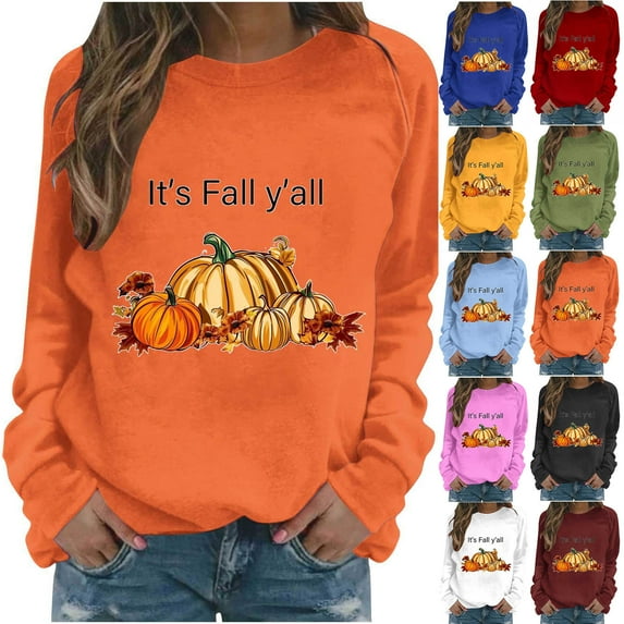 VKOYWKM Thanksgiving Shirt for Women It's Fall Yall Pumpkin T-Shirt Halloween Thanksgiving Long Sleeve Shirt Tops Holiday Crew Neck Pullover Sweatshirt