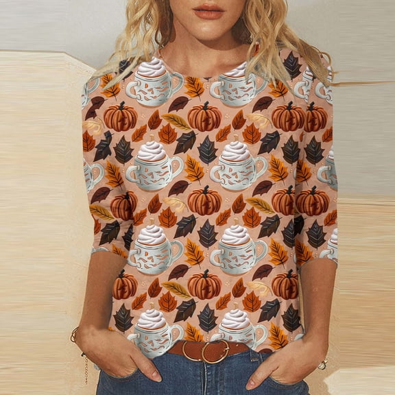VKOYWKM Thanksgiving Shirts Women 3/4 Sleeve T-Shirts Pumpkin Graphic Crew Neck Holiday Tops Fall Loose Fit Tunic Blouses Thanksgiving Gifts