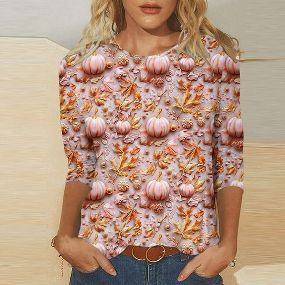 VKOYWKM Thanksgiving Shirts for Women 3/4 Length Sleeve Thanksgiving Tops Cute Pumpkin Graphic Tees Thankful Grateful Blessed Fall T-Shirts