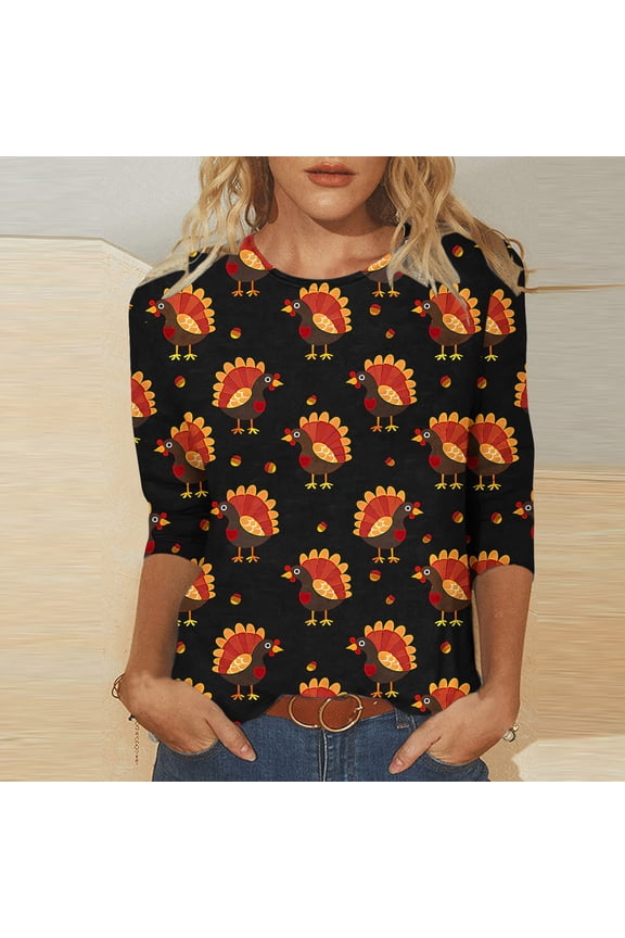 Thanksgiving Shirts for Women 3/4 Length Sleeve Womens Tops Funny Turkey Graphic T Shirts Casual Crew Neck Family Party Tunic Top