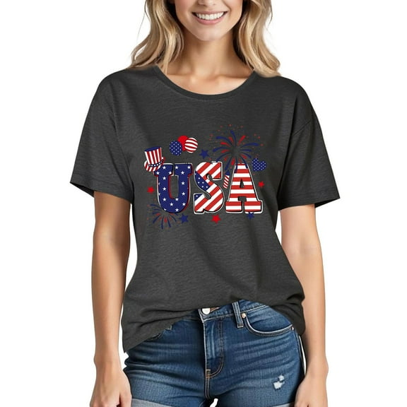 VKOYWKM USA Flag T-Shirt Women Short Sleeve Patriotic Top Stars and Stripes Graphic T Shirts Patriotic Crew Neck Independence Day American Flag Tees