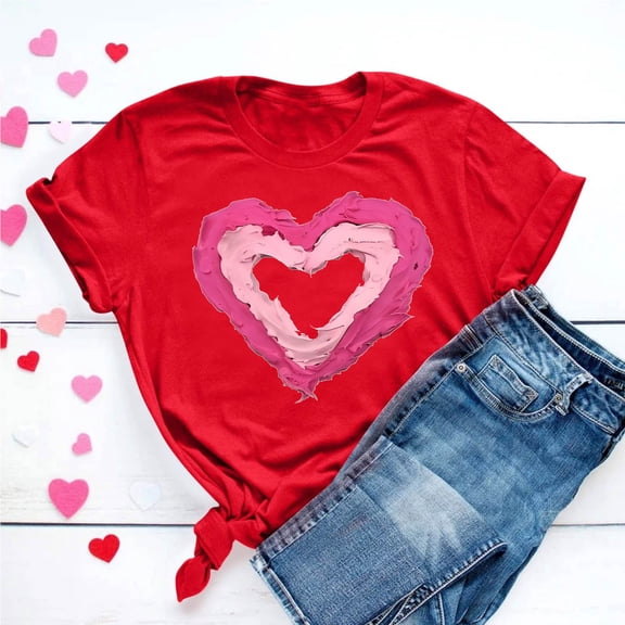 VKOYWKM Valentine T-Shirt for Women Romantic Love Heart Graphic Tee Tops Short Sleeve Casual Crew Neck Holiday Tops Romantic Valentines Day Gifts Shirt