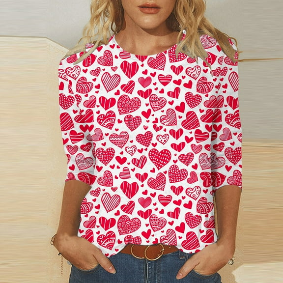 VKOYWKM Valentine T Shirts Women 3/4 Length Sleeve Women Tops Heart Graphic Tees Casual Crew Neck Holiday Blouses Romantic Valentines Day Gifts Shirt