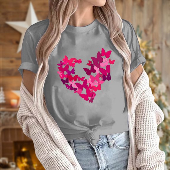 VKOYWKM Valentine T Shirts Women Love Heart Print Tees Short Sleeve Crew Neck Loose Fit Holiday T-Shirts Valentines Day Gifts Tops