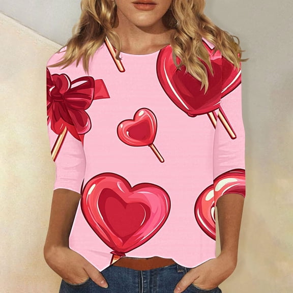 VKOYWKM Valentine Tops for Women Romantic Love Heart Graphic Tees 3/4 Sleeve Crew Neck Holiday T-Shirts Valentines Day Gifts
