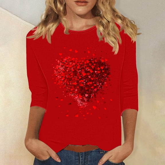 VKOYWKM Valentine Tshirts Women 3/4 Sleeve Tops Cute Love Graphic Tees Loose Fit Spring Tops Holiday Crewneck Valentine's Day Blouses