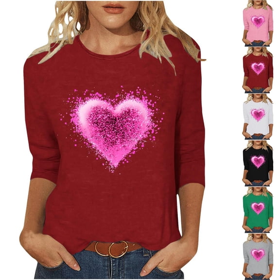 VKOYWKM Valentine's Day Heart Shirts for Women Cute Graphic Tees Tops 3/4 Sleeve Casual Spring Clothes Loose Fit Crew Neck Valentine Shirt