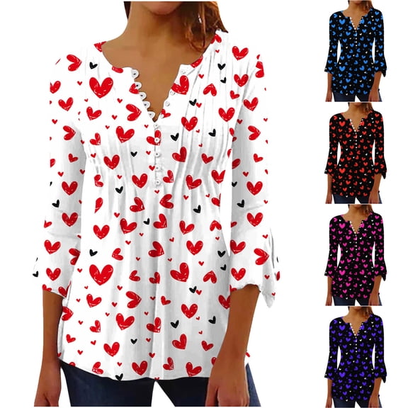 VKOYWKM Valentine's Day Henley Shirts for Women Cute Heart Graphic Tees Pleated Empire Waist Tunic Tops 3/4 Bell Sleeve Button V Neck Valentine Blouses