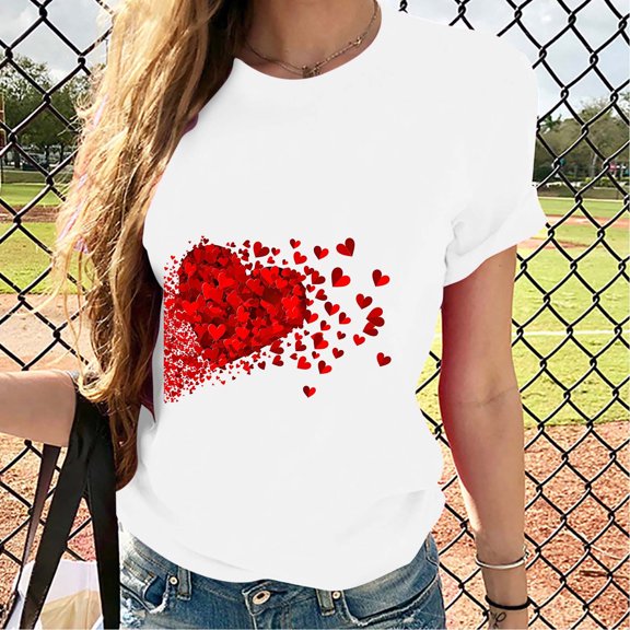 VKOYWKM Valentine's Day Shirts Women Heart Graphic Tees Valentine Holiday Tops Crew Neck Loose Fit Family Party Tees Spring Fashion