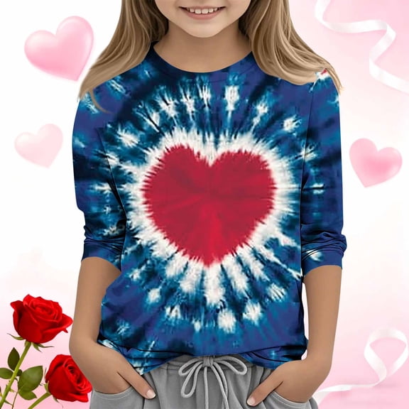 VKOYWKM Valentine's Day Shirts for Girls Tie Dye Print Love Heart Graphic Tees 3/4 Sleeve Crew Neck Tops Cute Valentine T-Shirts