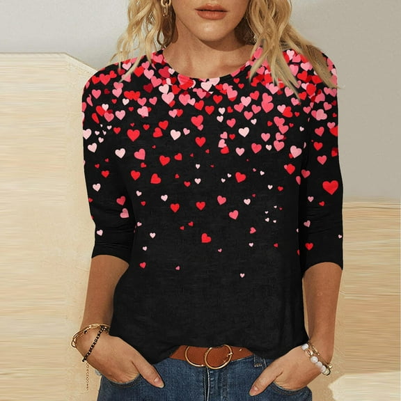 VKOYWKM Valentine's Day T-Shirt for Women Heart Graphic Tees Holiday Crewneck Tops Casual 3/4 Sleeve T Shirts Valentine Gift Top Spring Fashion