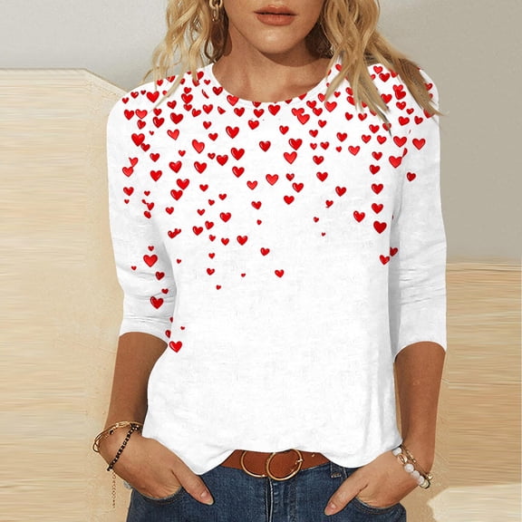 VKOYWKM Valentine's Day T-Shirts Women 3/4 Sleeve Tops Valentines Day Graphic Tees Tops Casual Crew Neck Love Heart T-Shirts Happy Valentines Day Blouses
