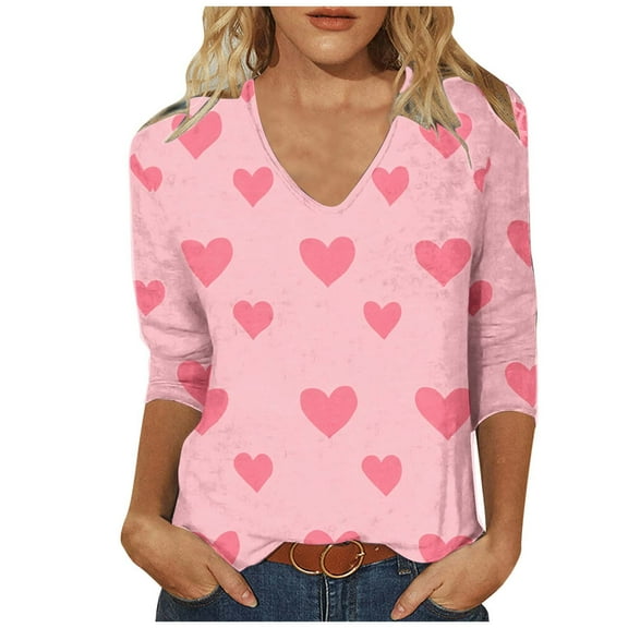 VKOYWKM Valentine's Day T Shirts for Women 3/4 Sleeve Cute Love Heart Graphic Tees V Neck Loose Fit Valentine Tops Romantic Holiday T Shirts