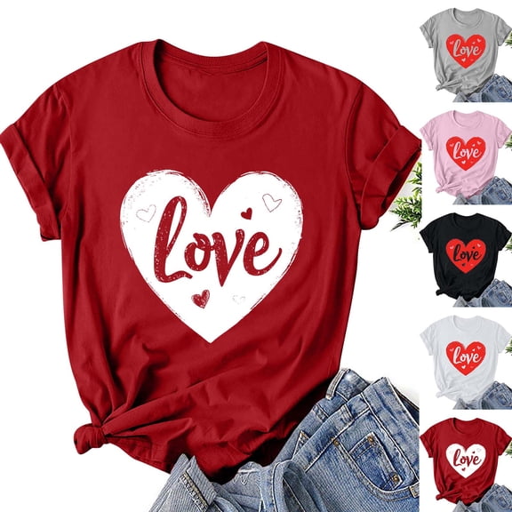 VKOYWKM Valentine's Day Tees Women Cute Love Heart Print T-Shirts Holiday Tops Short Sleeve Casual Spring Clothes Loose Fit Crew Neck Valentine Tees