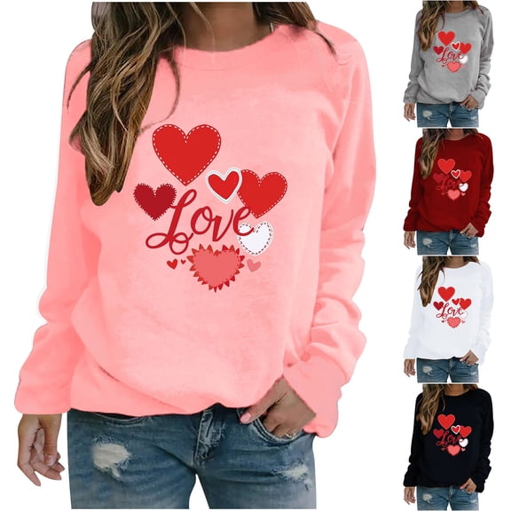 VKOYWKM Valentine's Day Tops for Women Long Sleeve Women Tops Heart Graphic Tees Holiday Valentines Day Tops Crew Neck Loose Fit Party T-Shirt