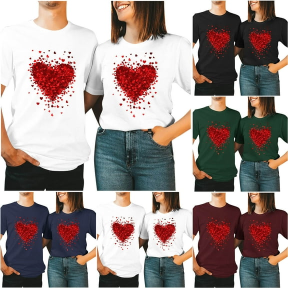 VKOYWKM Valentine's Matching Couples T Shirts Love Heart Print Graphic Tees Short Sleeve Loose Fit Spring Tops Holiday Crewneck Valentine's Day Shirt