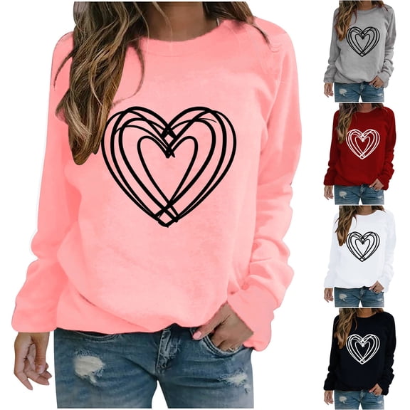VKOYWKM Valentine's Shirts Women Long Sleeve T-Shirts Love Heart Graphic Tees Tops Casual Crew Neck Love Heart Pullover Happy Valentines Day Blouses