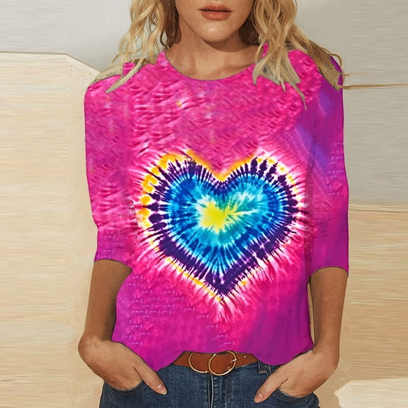 VKOYWKM Valentine's T-Shirts for Women 3/4 Sleeve Heart Print Tees Crew Neck Loose Fit Valentine Tops Romantic Holiday T Shirts