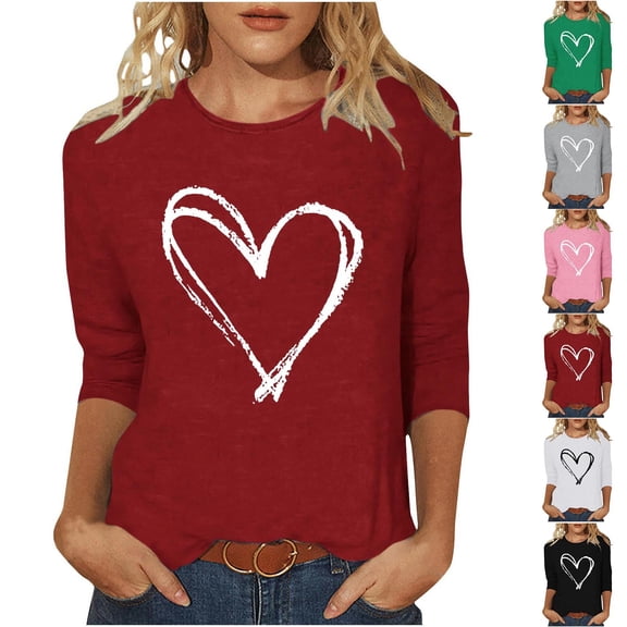 VKOYWKM Valentines Day Heart Shirts for Women 3/4 Length Sleeve Women Tops Heart Graphic Tees Womens Tops Holiday Crew Neck Spring T Shirts Romantic Heart Top