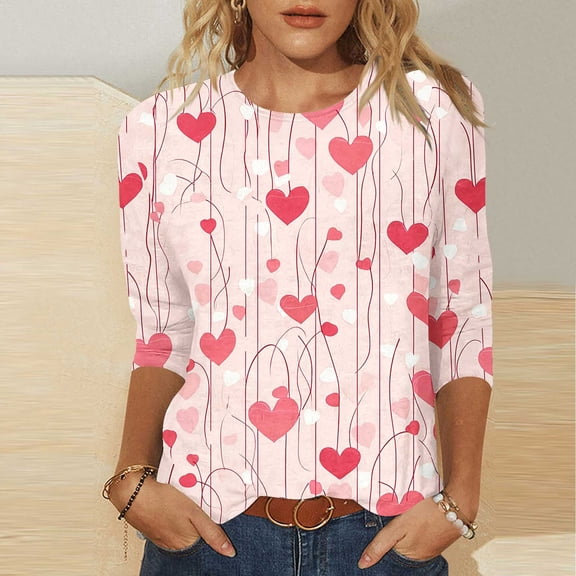 VKOYWKM Valentines Day Heart Tops for Women Cute Love Heart Graphic Tees Tops 3/4 Sleeve Casual Crew Neck Love Heart T-Shirts Happy Valentines Day Blouses