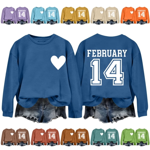 VKOYWKM Valentines Day Shirt Women Funny Letter Print Pullover Long Sleeve Crew Neck Love Heart T-Shirts Romantic Holiday Valentine Tops