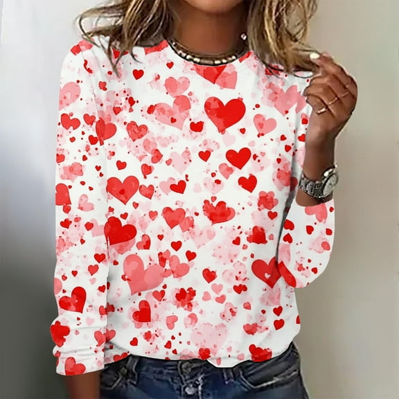 VKOYWKM Valentines Day Shirts Womens Cute Heart Graphic Tees Womens Tops Long Sleeve Crew Neck Spring T-Shirts