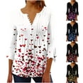 thumbnail image 1 of VKOYWKM Valentines Day Shirts for Women 3/4 Bell Sleeve Button V Neck Henley Shirt Heart Print Pleated Empire Waist Tunic Tops, 1 of 6