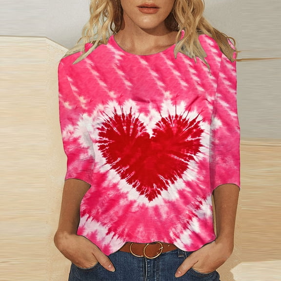 VKOYWKM Valentines Day T-Shirt for Women 3/4 Sleeve Romantic Love Heart Graphic Tees Casual Crew Neck Holiday Blouses Valentines Day Gifts Shirt