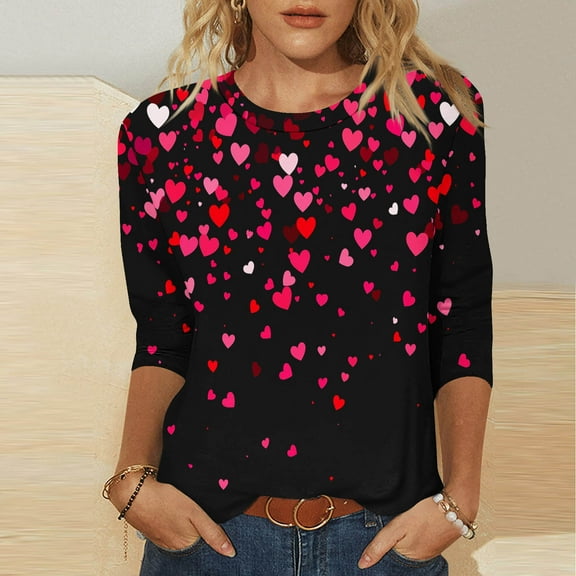 VKOYWKM Valentines Day T Shirts Women Cute Love Heart Graphic Tees Tops Holiday 3/4 Sleeve T Shirts Casual Crew Neck Romantic Tshirts