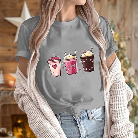 VKOYWKM Valentines Day T Shirts Women Romantic Heart Graphic Tees Cute Tops Casual Short Sleeve Loose Fit Tees Valentine Round Neck Holiday Tshirt Shirts