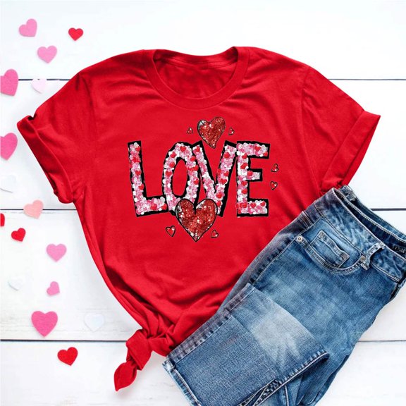 VKOYWKM Valentines Day T-Shirts Women Romantic Love Heart Graphic Tee Tops Short Sleeve Loose Fit Holiday Tops Spring T-Shirt Casual Crew Neck Romantic Valentine T-Shirts