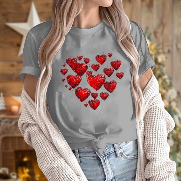VKOYWKM Valentines Day Tops for Women Heart Graphic Tees Short Sleeve Loose Fit Crew Neck Spring Tops Casual Holiday Tshirt Shirts