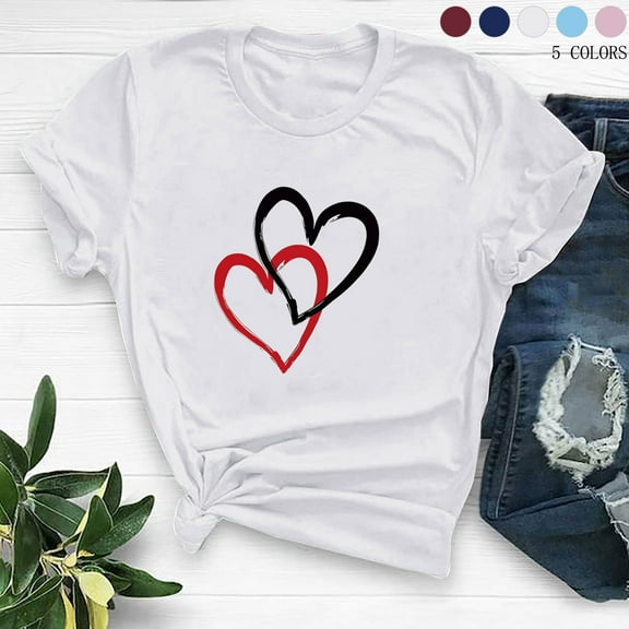 VKOYWKM Valentines Day Tshirts for Women Romantic Heart Graphic Tees Holiday Tops Short Sleeve Casual Spring Clothes Loose Fit Crew Neck Valentine Tees