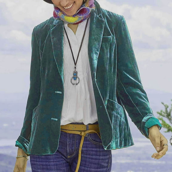 VKOYWKM Velvet Blazer for Women Notched Lapel Vintage Office Button Front Velvet Blazer Cozy Lightweight Outerwear Long Sleeve Office Business Blazer