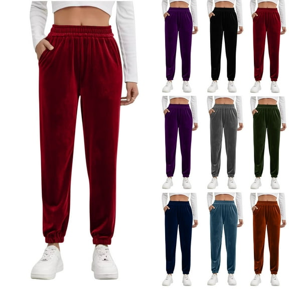 VKOYWKM Velvet Jogger Pants for Women Elastic Hight Waisted Velour Pant Running Sweatpant Joggers with Pockets