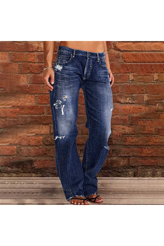Wide Leg Jeans for Women Mid Waist Ripped Denim Pants Straight Leg Boyfriend Distressed Washed Jean Pants with Pockets