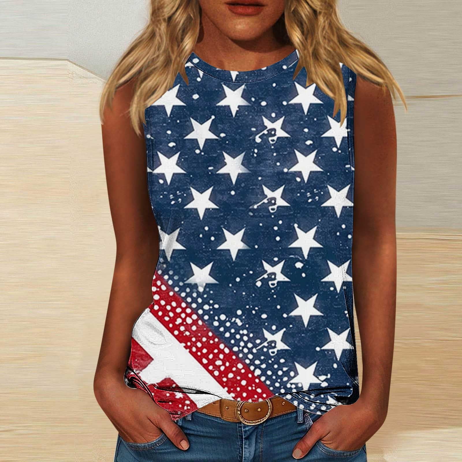 TMSD Women's 4th Of July Tank Tops - American Flag V-Neck Sleeveless Shirts For Independence Day
