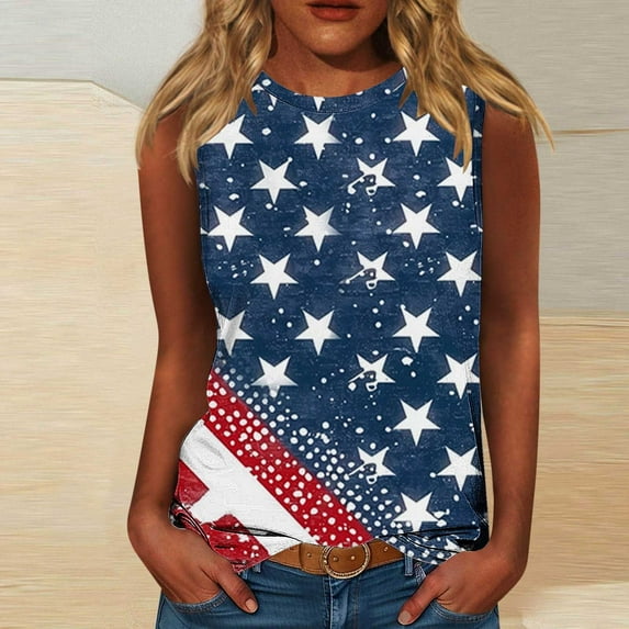 VKOYWKM Women 4th of July Tank Tops American Flag Tops July 4th Independence Day Tanks Sleeveless Crew Neck Red White and Blue Print Summer Tank Shirts