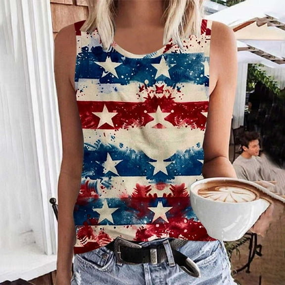 VKOYWKM Women American Flag Print Tank Tops 4th of July Independence Day Graphic Tanks Sleeveless Crew Neck Patriotic Tops