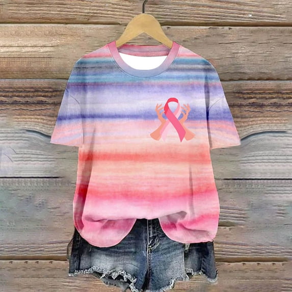 VKOYWKM Women Breast Cancer Awareness Shirts Pink Ribbon Breast Cancer T-Shirt Inspirational Breast Cancer Graphic Tees Casual Crew Neck Short Sleeve Fight Cancer Tops