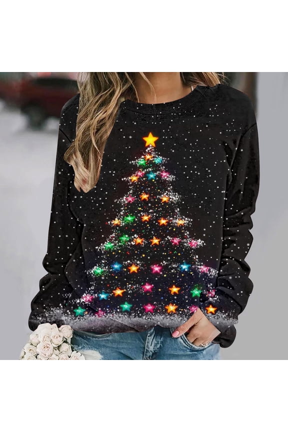 Women Fall Sweatshirts Merry Christmas Oversized Long Sleeve Xmas Tree Graphic Sweatshirts Holiday Crewneck Loose Fit Fleece Pullover Christmas Gifts for Women