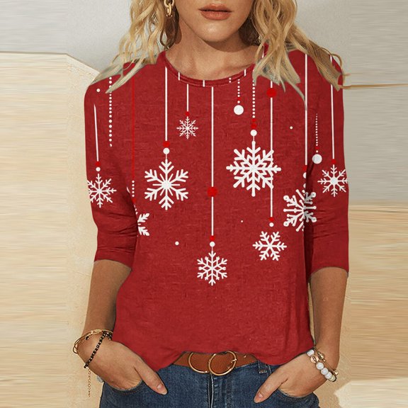 VKOYWKM Women Fall T-Shirts Christmas Snowflake Graphic Tees 3/4 Length Sleeve Women Tops Crewneck Funny Family Party Christmas T-Shirts