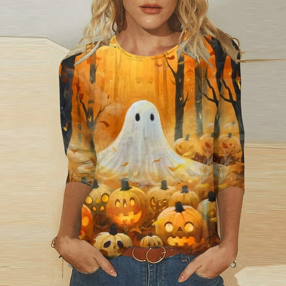 VKOYWKM Women Ghost Shirts 3/4 Length Sleeve Women Tops Funny Graphic T Shirt Crew Neck Loose Party Tops Halloween Spooky Print Tees