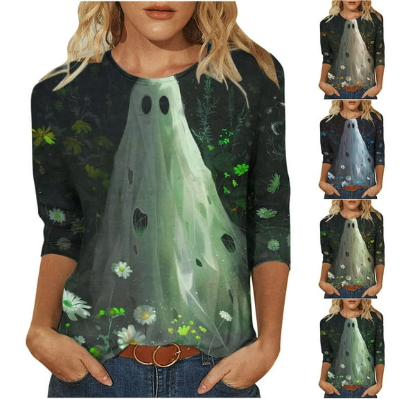 VKOYWKM Women Ghost Shirts 3/4 Length Sleeve Women Tops Halloween Spooky Graphic T Shirt Crew Neck Halloween Party Tops Funny Print Tees