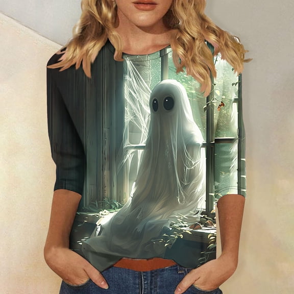 VKOYWKM Women Ghost T-Shirts Halloween 3/4 Length Sleeve Women Tops Fall Crew Neck Loose Spooky Graphic T Shirts Halloween Costume