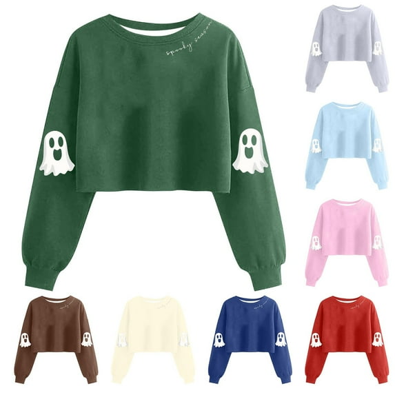 VKOYWKM Women Halloween Cropped Sweatshirts Ghost Graphic Sweatshirts Crewneck Long Sleeve Fall Sweatshirt Vintage Spooky Halloween Pullover Sweatshirts