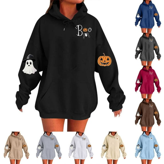 VKOYWKM Women Halloween Hoodie Oversized Long Sleeve Hooded Sweatshirt Heart Skeleton Graphic Pullover Hoodies with Pocket