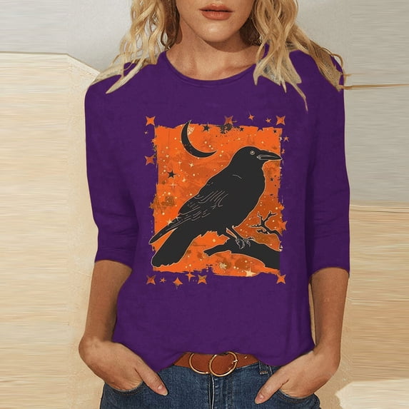 VKOYWKM Women Halloween Shirts 3/4 Sleeve Funny Graphic T Shirt Crew Neck Loose Party Tops Halloween Spooky Print Tees